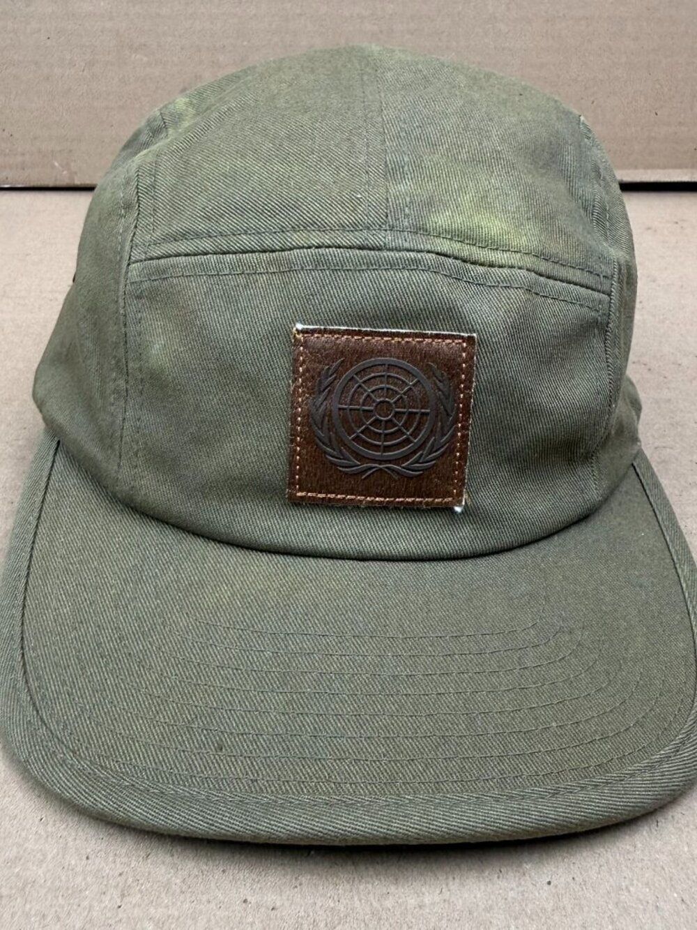 The Berrics x Yupoong 5 Panel Hat Olive Green Leather Patch Sample DAMAGE